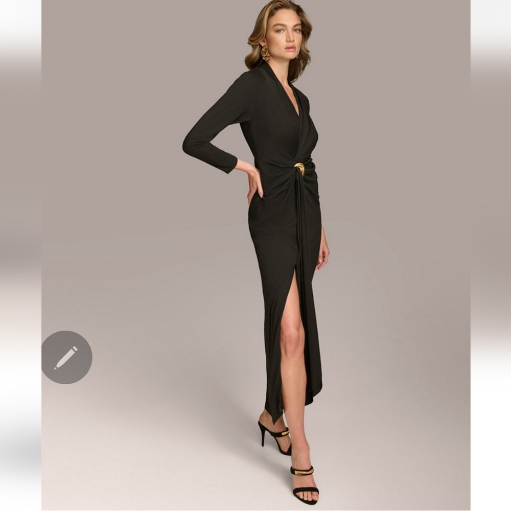 Donna Karan Black Wrap Maxi Dress with Gold Accent